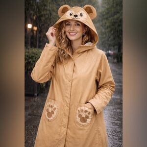 Disney Hooded Raincoat Tan Mickey Paw Pocket Rain Jacket Animal Ear Hood Women L